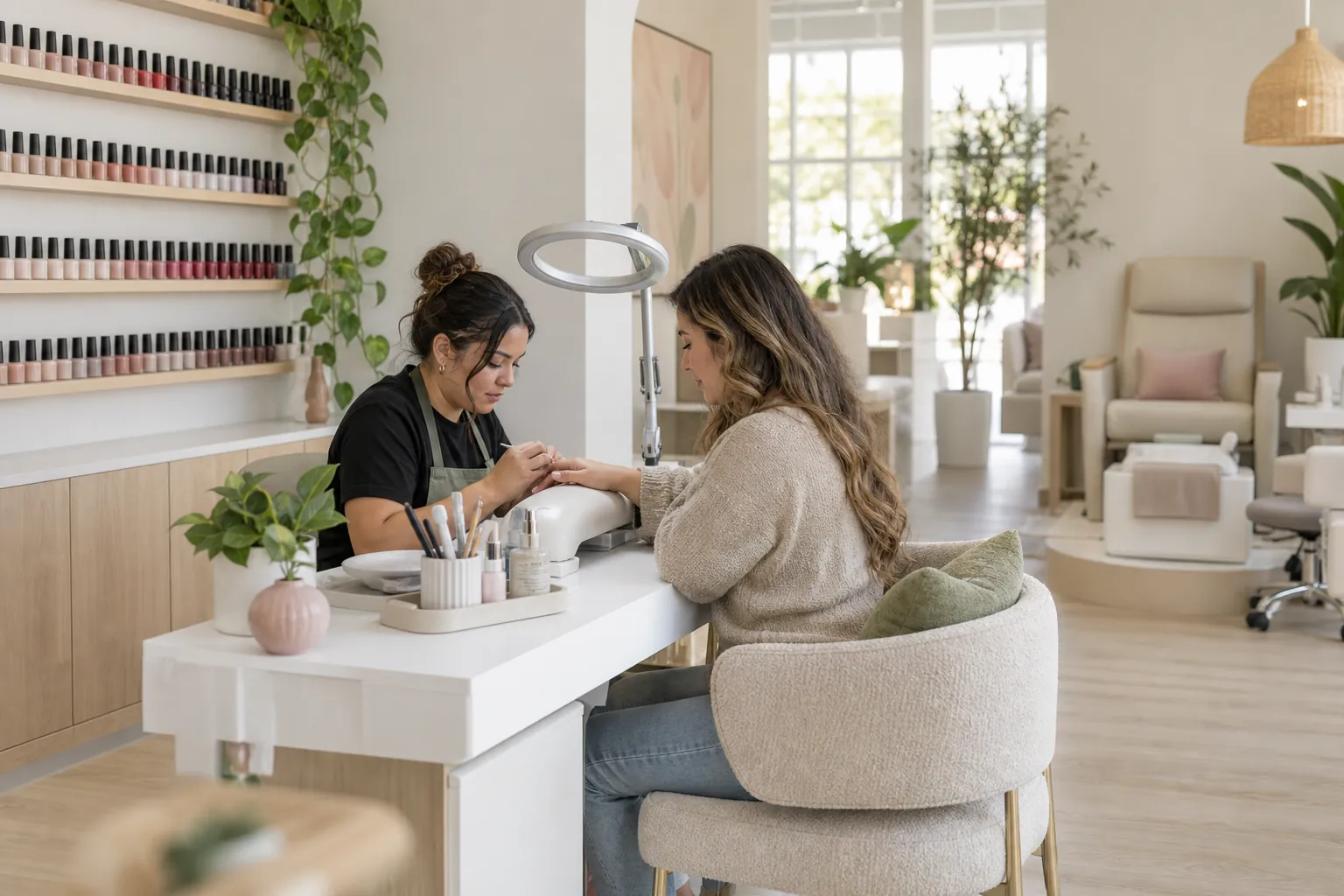 A bright nail salon: a technician doing a manicure at a white station