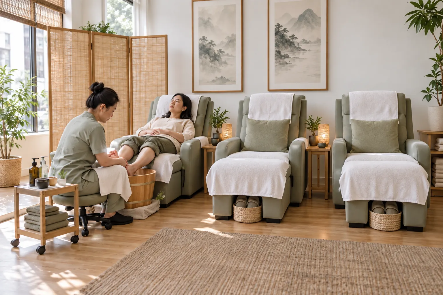 Evening massage therapy room with a treatment table and warm lamp