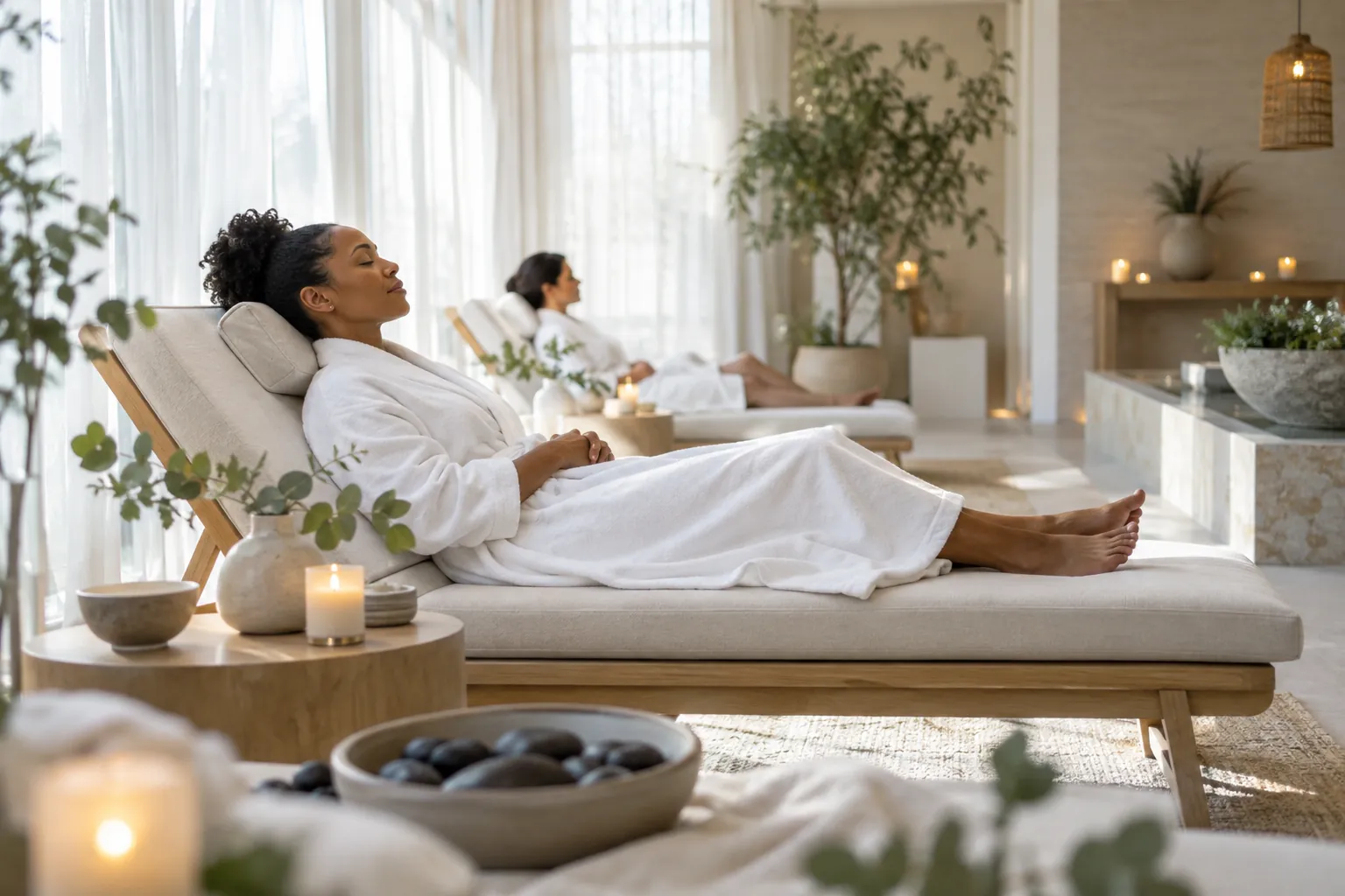 Bright day-spa treatment room with mint linens and plants