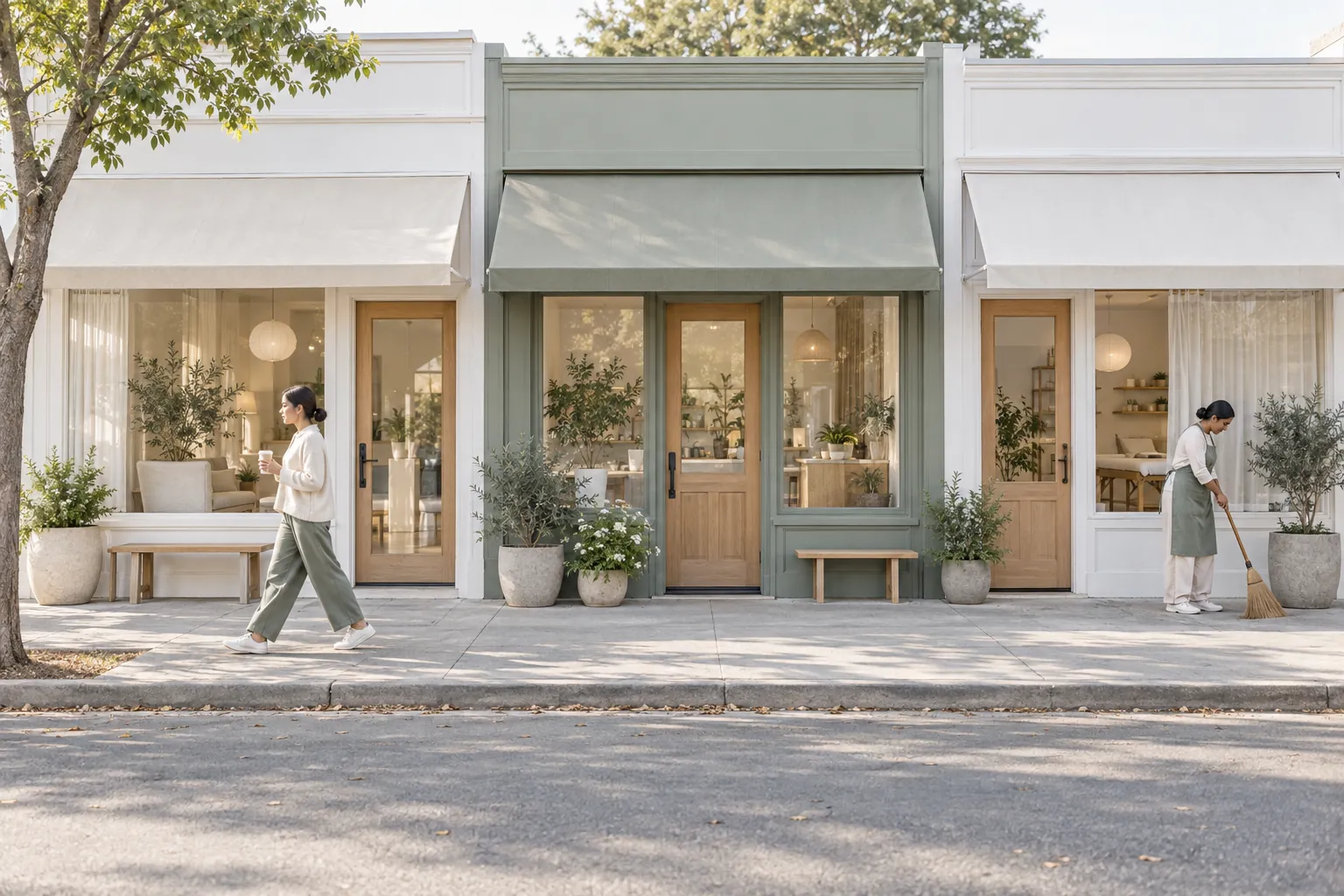Three wellness storefronts on a suburban street at dusk