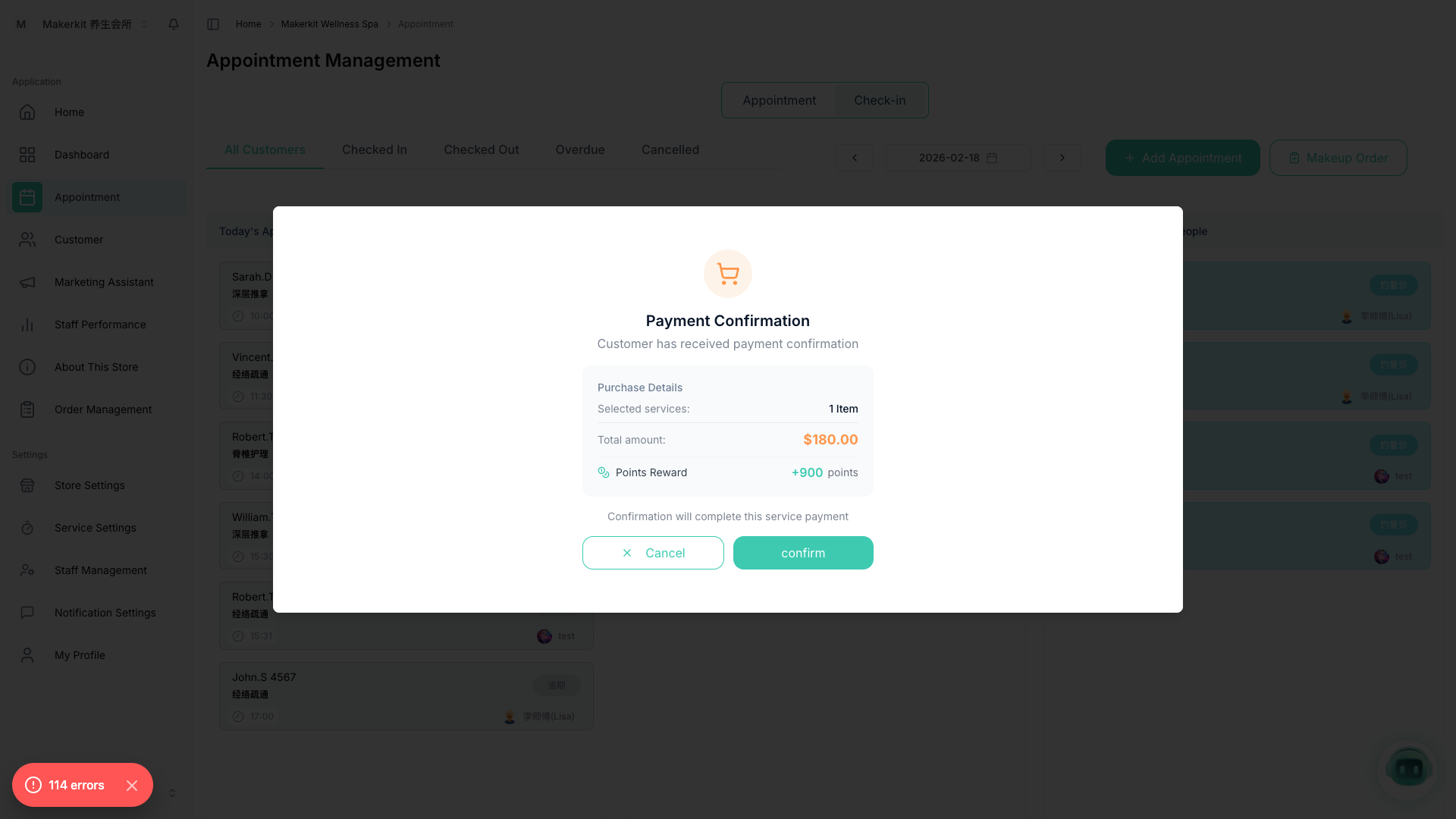 Kuee 支付确认对话框,显示购物车图标、顾客已收到支付确认、购买明细:1 项服务、总金额 $180.00、积分奖励 +900 分