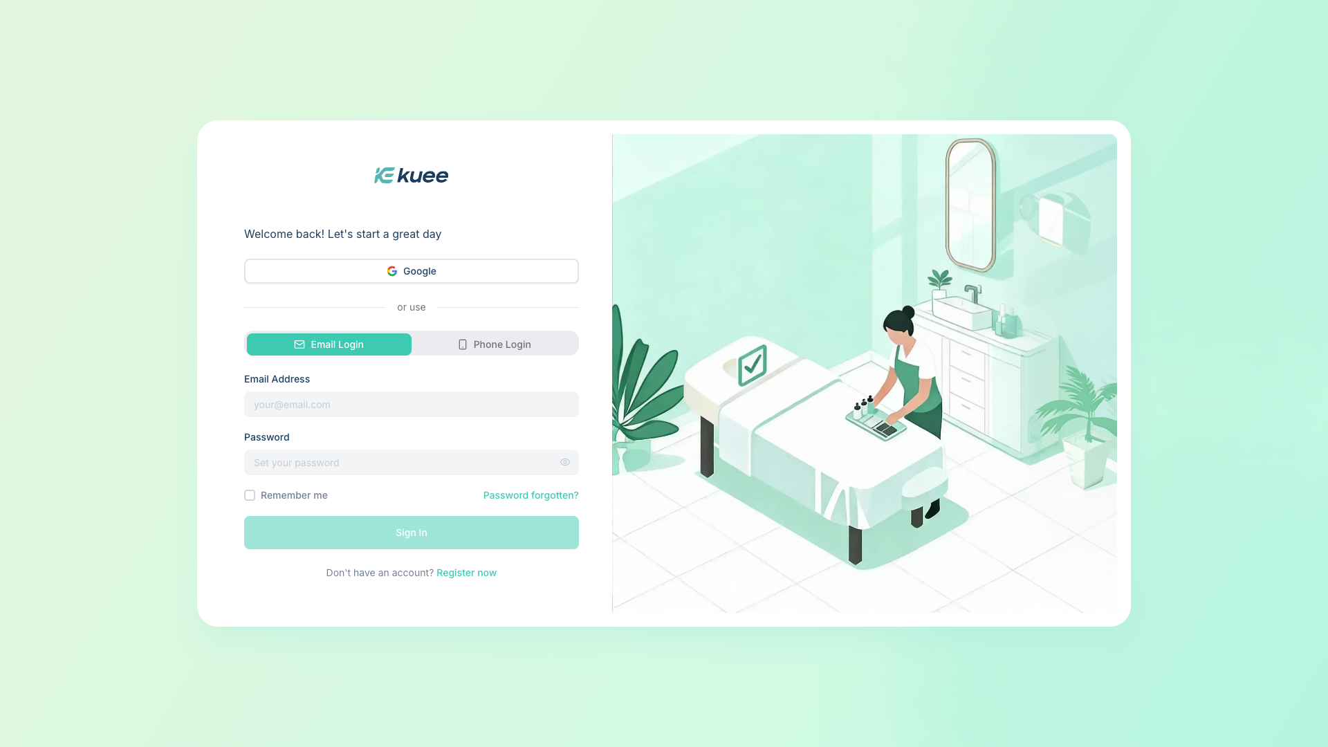 Kuee 登录页面,支持邮箱和手机号两种登录方式
