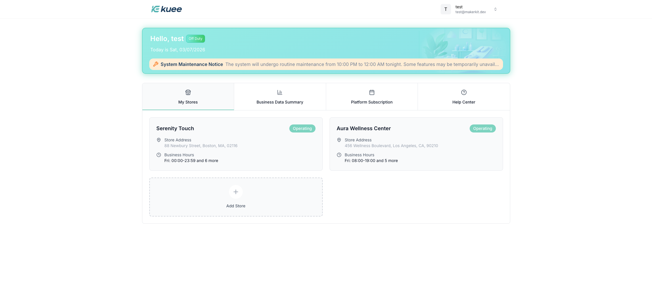 Kuee 主页展示多个门店卡片和添加门店入口