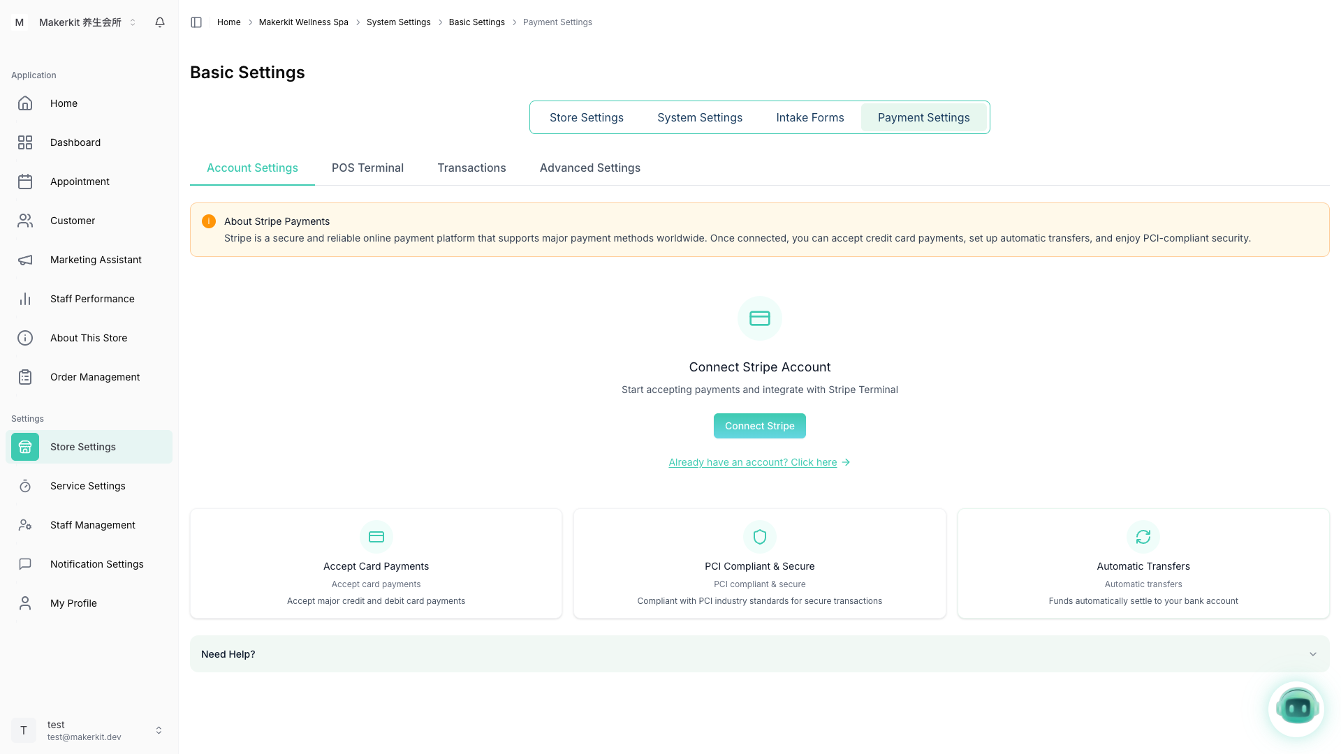 Kuee 支付设置页面,账户设置标签显示「连接 Stripe 账户」界面,包含 Connect Stripe 按钮和三张功能卡片