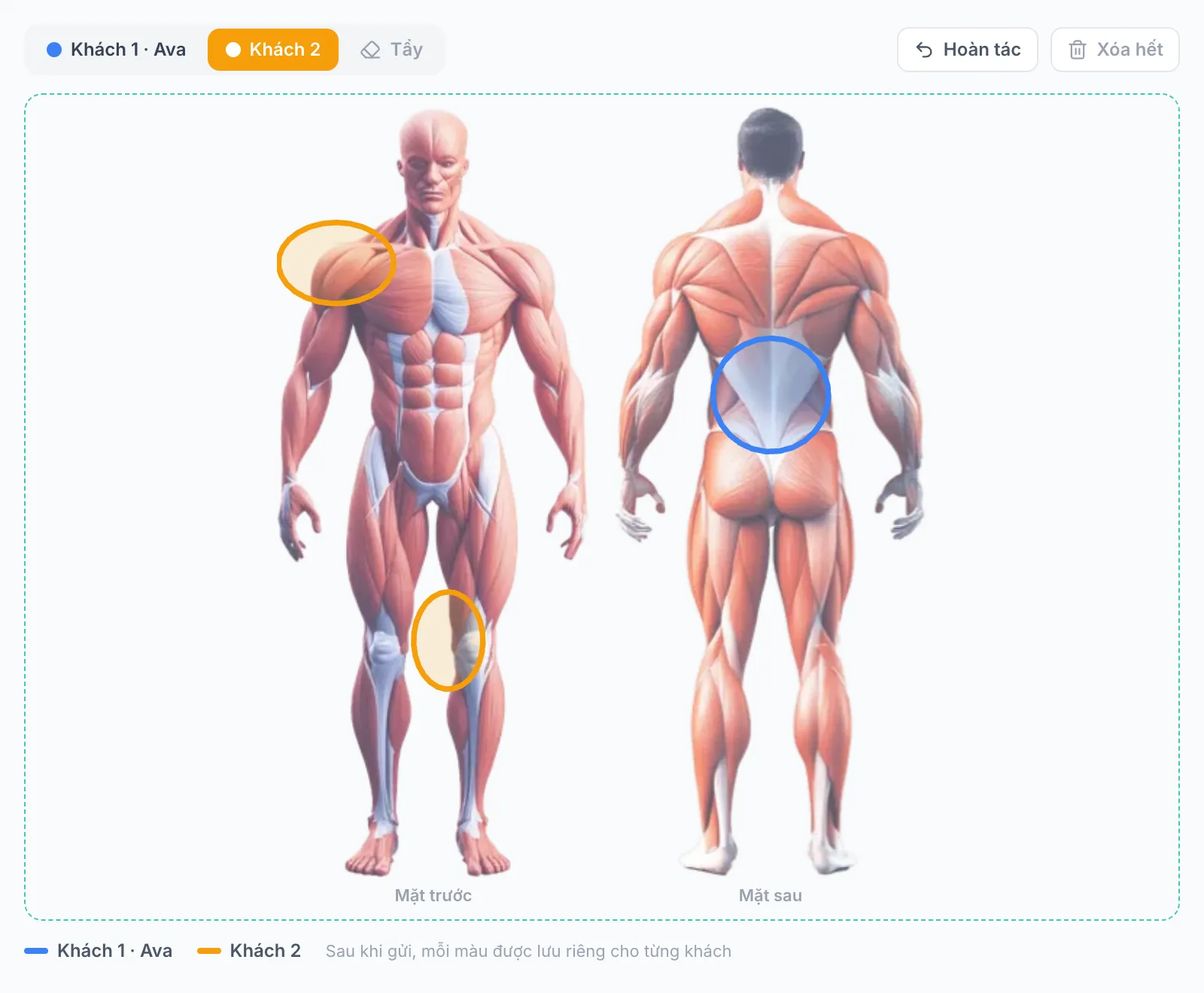 Phiếu check-in cặp đôi với nét bút xanh dương và cam trên cùng một sơ đồ cơ thể