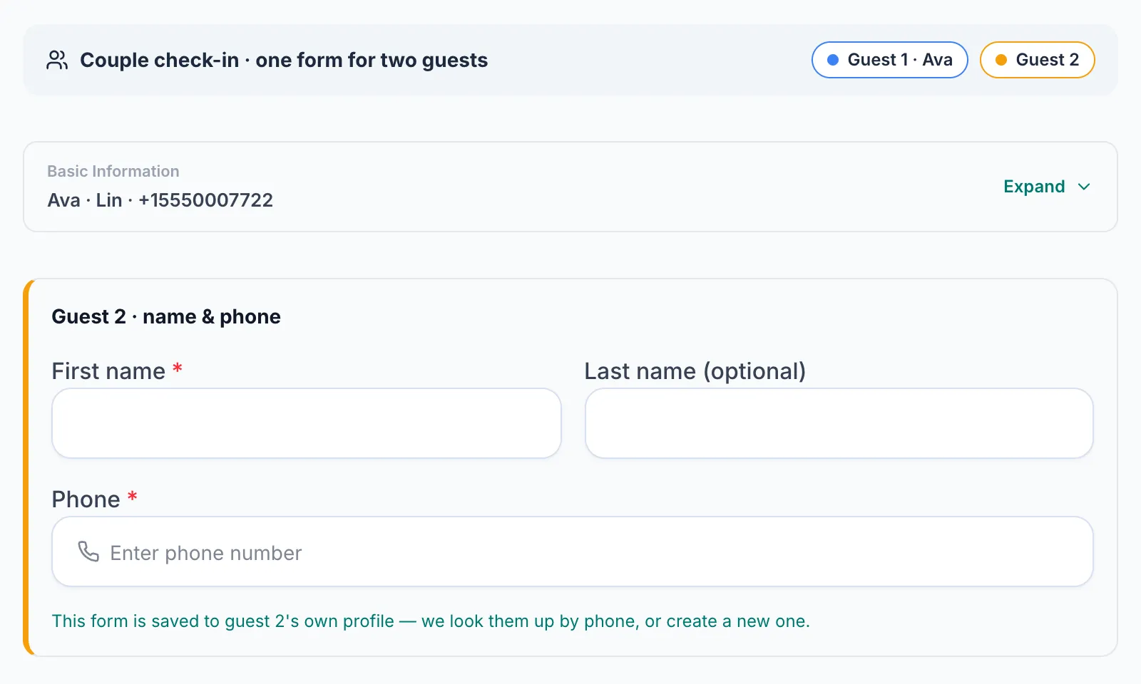 The Guest 2 name and phone section and the second signature box