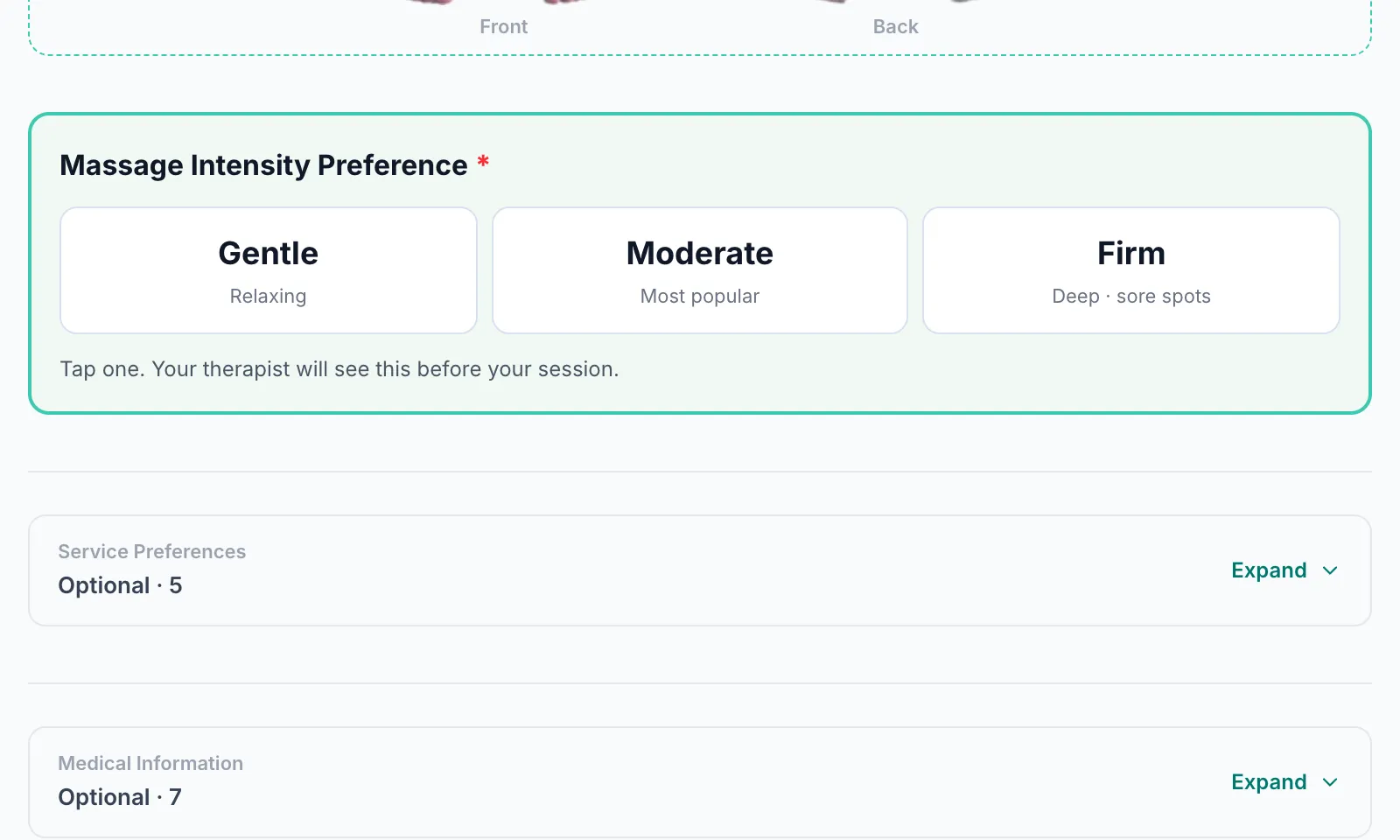 The new client form with the three pressure buttons under the body diagram