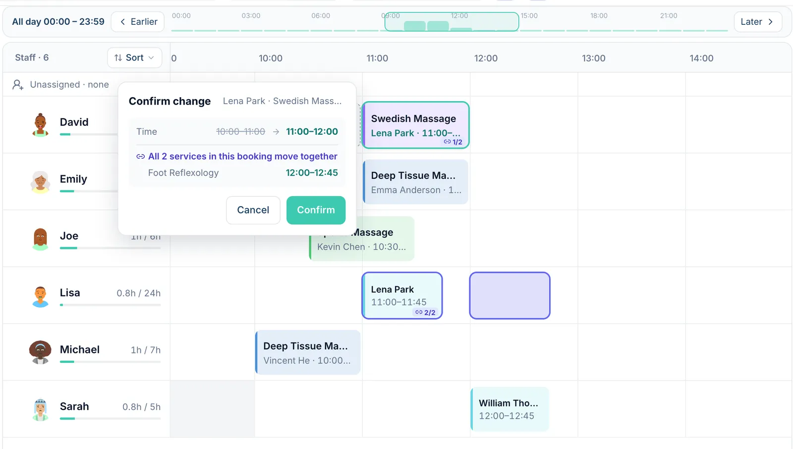 The reschedule confirmation with a ghost preview of the second service