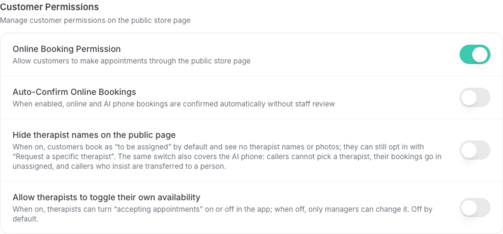 Customer Permissions with Hide therapist names on the public page switched off