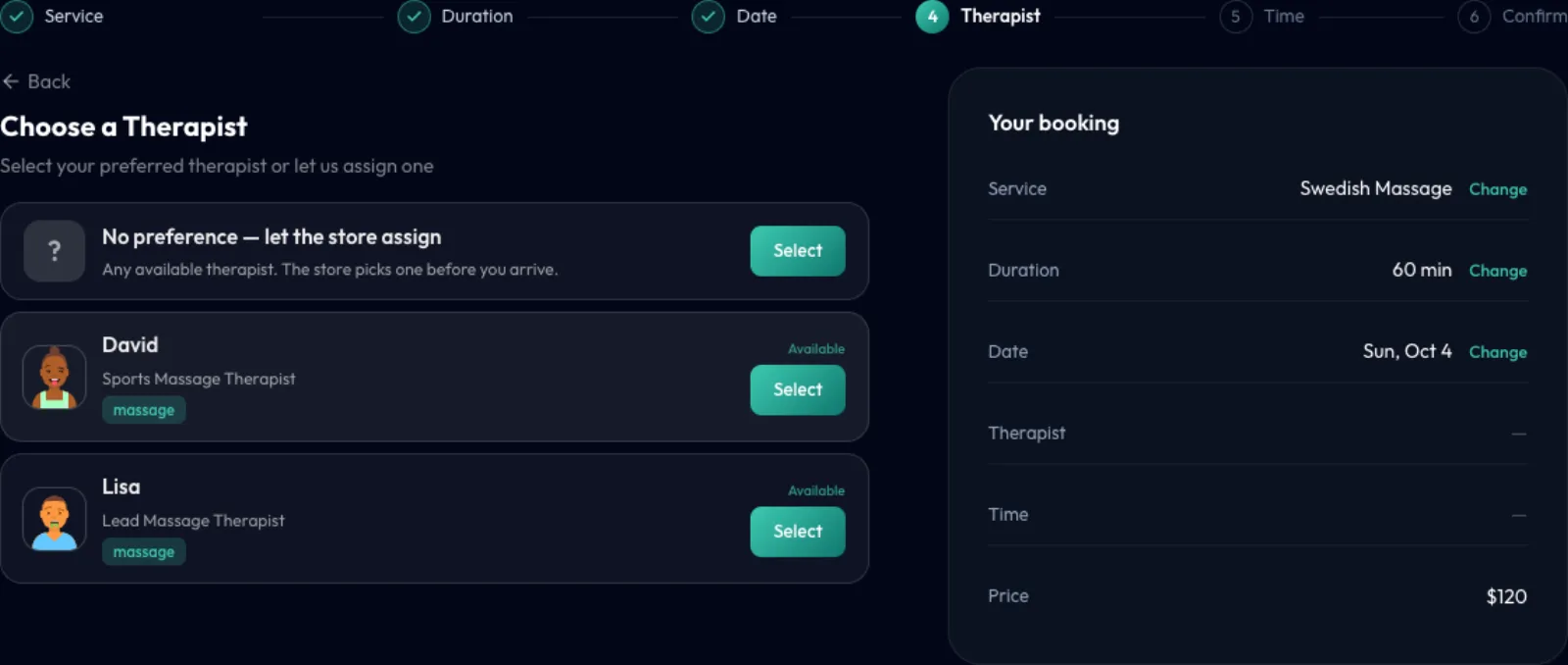 Bước chọn nhân viên trị liệu, trên cùng là không chỉ định, bên dưới là tên, không có dấu đề xuất