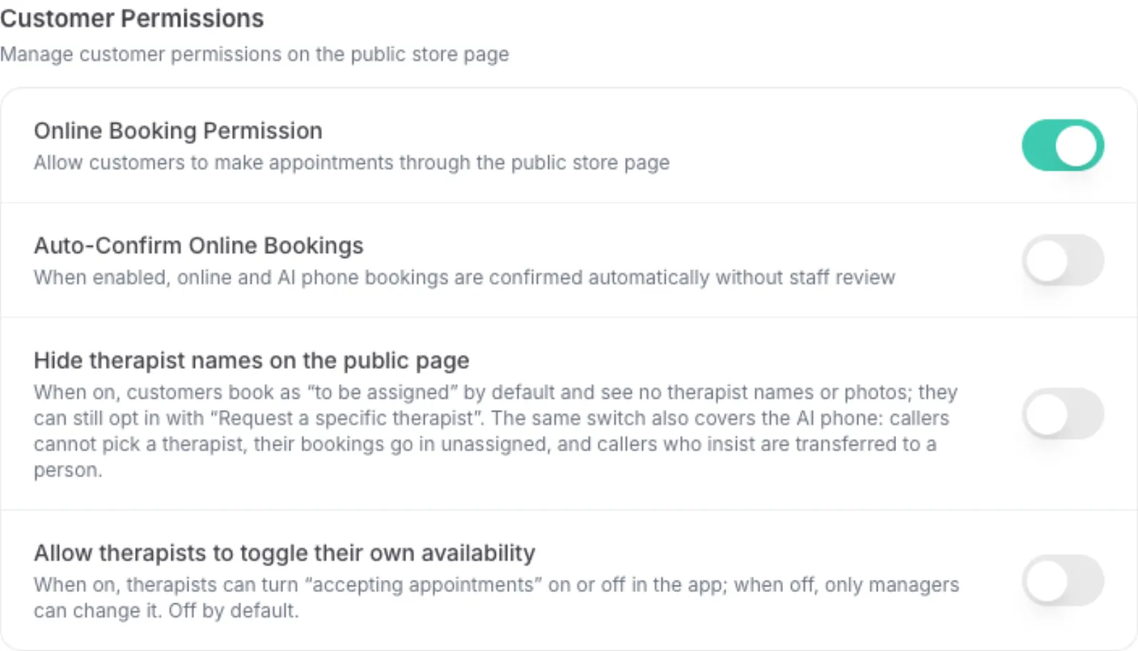 Customer Permissions with Auto-Confirm Online Bookings switched off