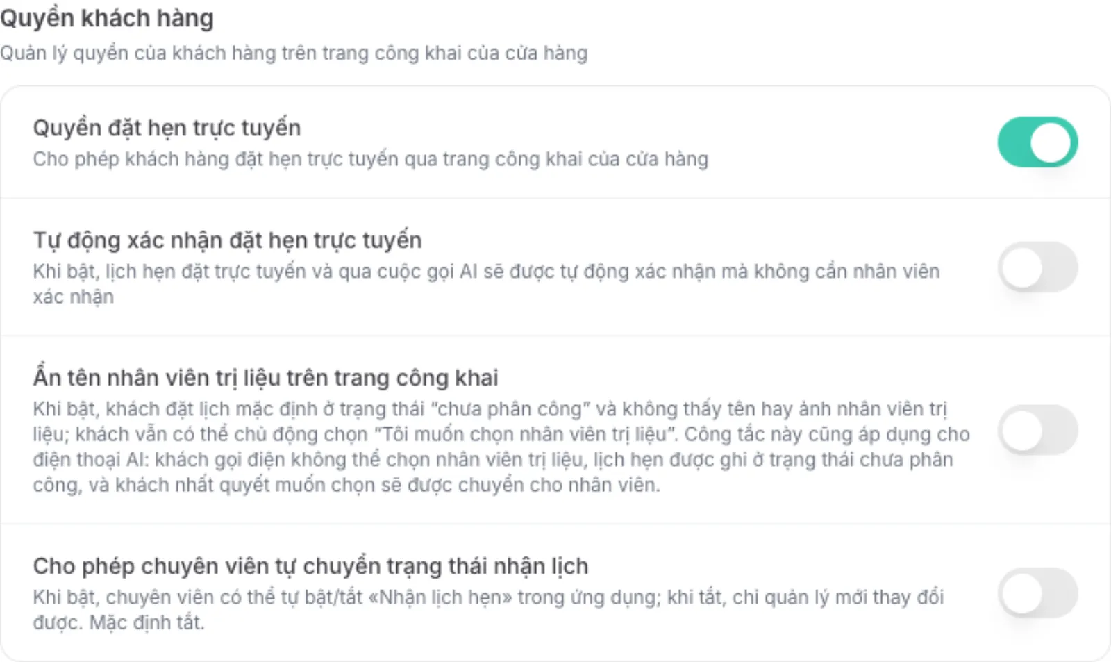 Quyền khách hàng với Tự động xác nhận đặt hẹn trực tuyến đang tắt