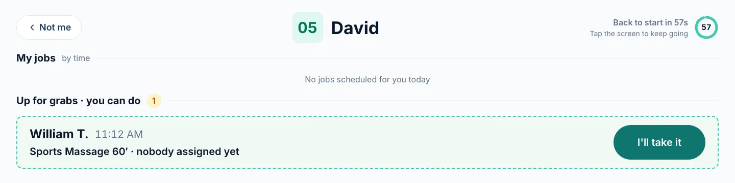 A therapist's My jobs screen with an unassigned Sports Massage and the I'll take it button