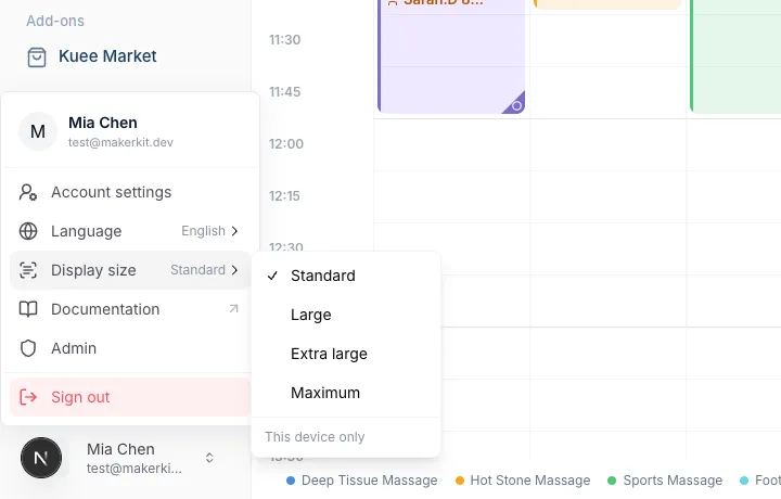 The profile menu with Display size open and Standard, Large, Extra large and Maximum
