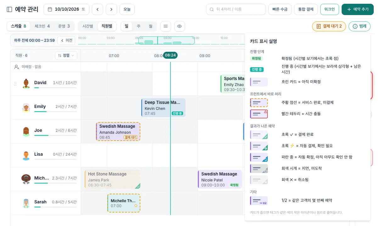 결제 대기 카드에 호박색 점선 테두리가 있고 범례가 열린 직원별 화면