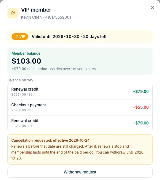 The VIP member card with a cancellation requested and a Withdraw request button