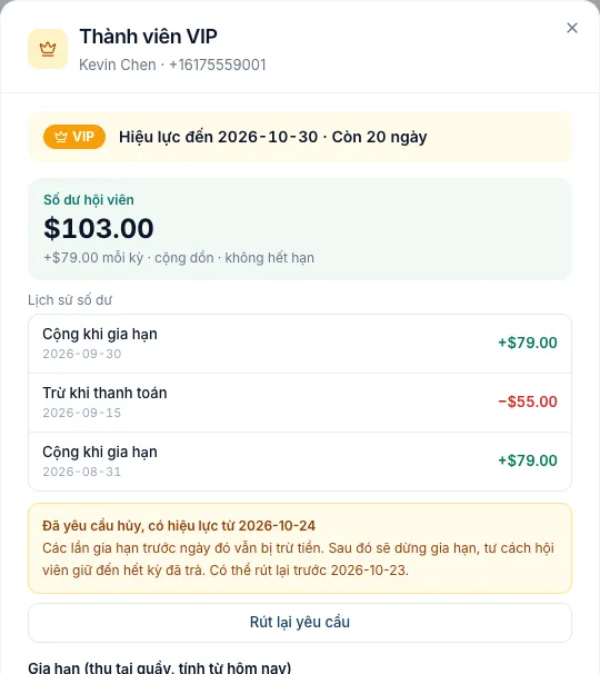 Thẻ hội viên VIP đã có yêu cầu hủy và nút Rút lại yêu cầu
