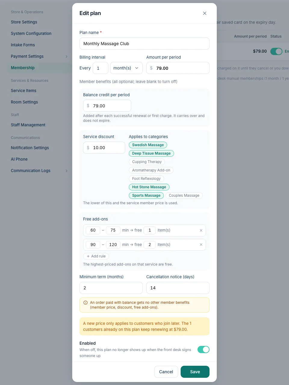 The Edit plan dialog with balance credit, service discount, free add-on rules, minimum term and cancellation notice