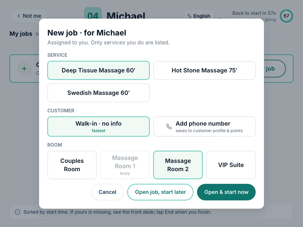 The New job dialog with service, customer and room choices