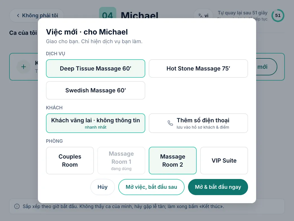 Hộp thoại Việc mới với các lựa chọn dịch vụ, khách và phòng