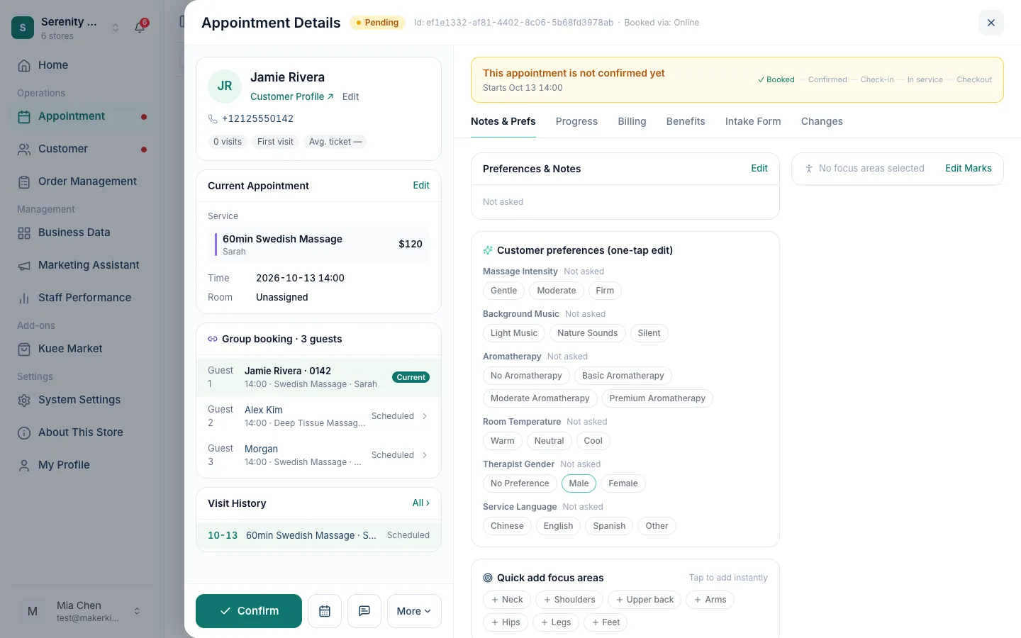 Appointment Details with the Group booking · 3 guests panel listing each guest, service and therapist