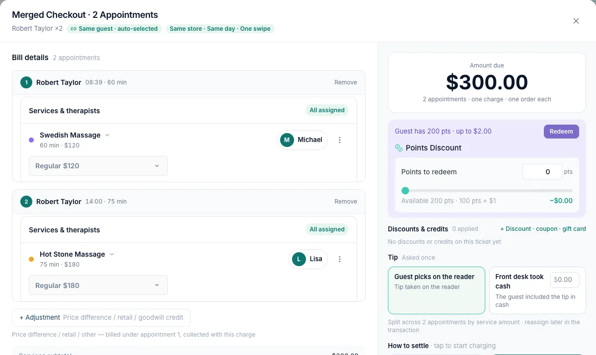 Merged Checkout with two appointments of the same client, the Same guest · auto-selected tag and one amount due