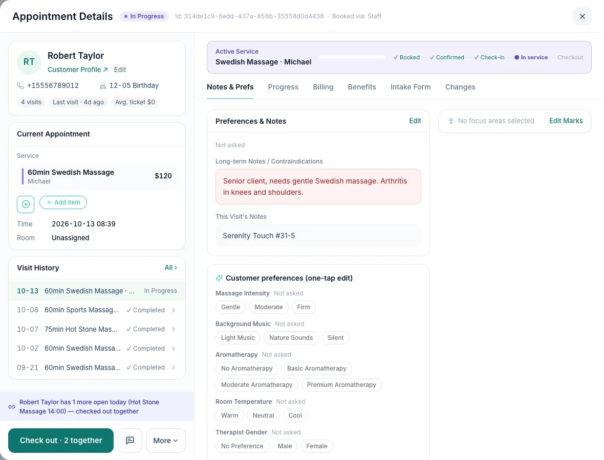 Appointment Details with the line that lists the client's other open appointment and the Check out · 2 together button