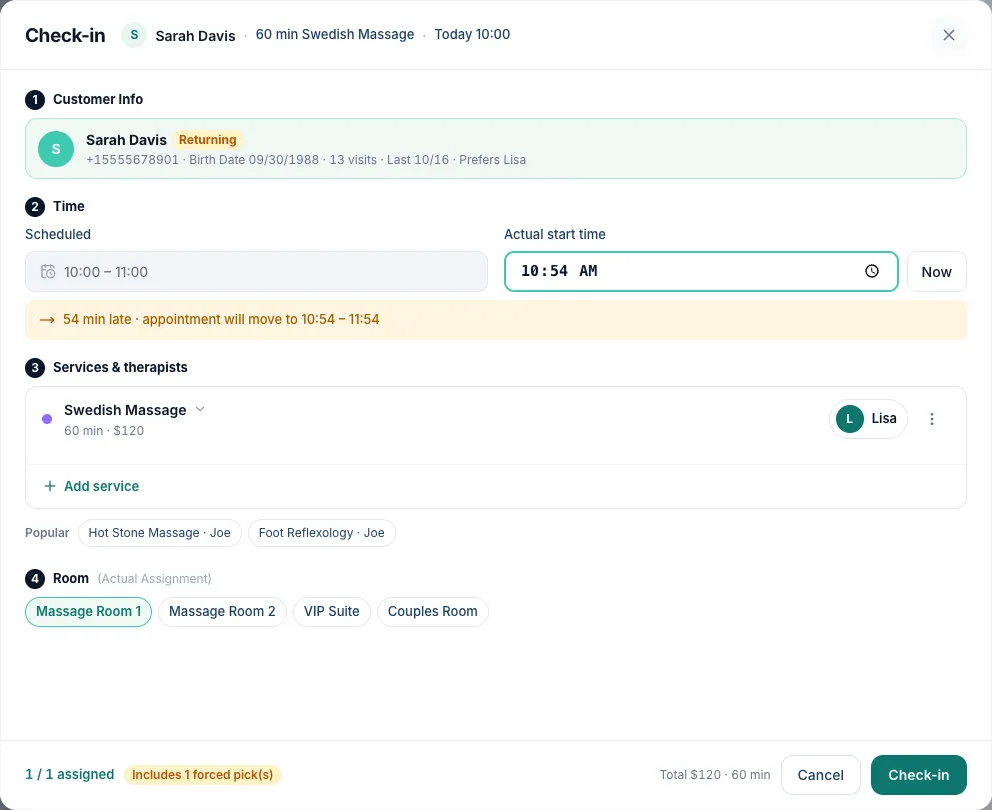 The check-in dialog with Scheduled 10:00 – 11:00 and an Actual start time 53 minutes later