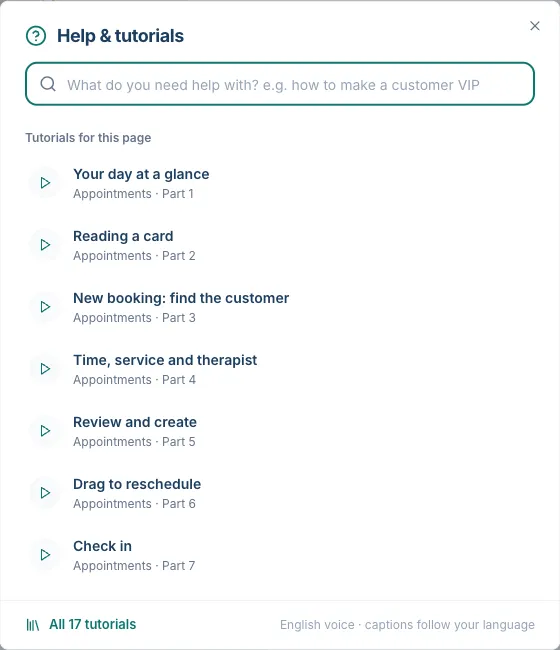 The Help & tutorials window with a search box and the tutorials for the appointment page