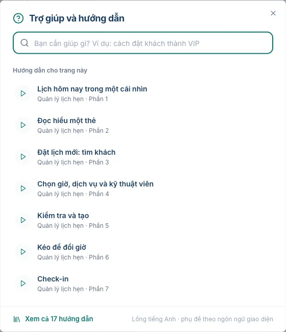 Cửa sổ Trợ giúp và hướng dẫn với ô tìm kiếm và các hướng dẫn cho trang lịch hẹn