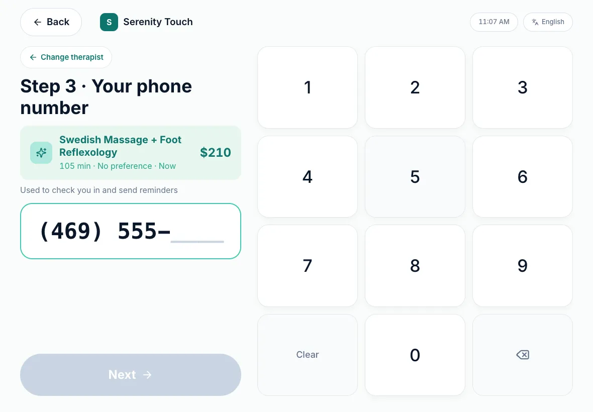 Step 3 of a walk-in booking on the self check-in screen, with a large number keypad