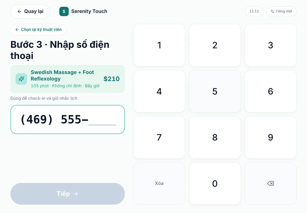 Bước 3 khi đặt lịch tại chỗ trên màn hình tự check-in, với bàn phím số lớn