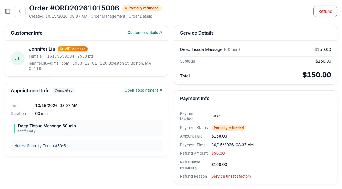 An order marked Partially refunded with $50 refunded and $100 refundable remaining