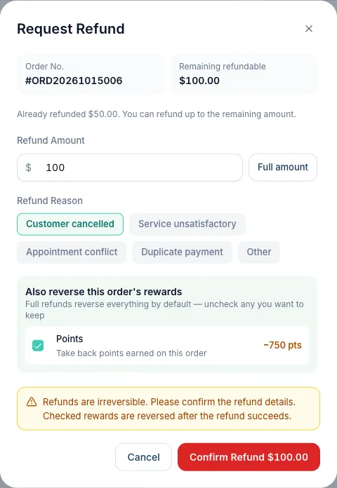 The refund dialog showing $100 remaining refundable after an earlier $50 refund