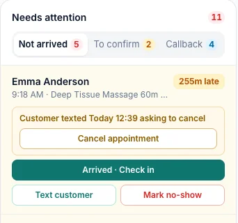 Not arrived card saying the customer texted asking to cancel, with a Cancel appointment button