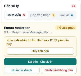 Thẻ Chưa đến ghi khách đã nhắn tin yêu cầu hủy, có nút Hủy lịch hẹn