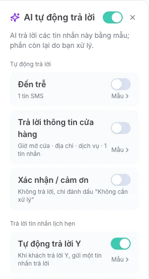 Bảng AI tự động trả lời với Tự động trả lời Y đang bật và Tự động trả lời N đang tắt
