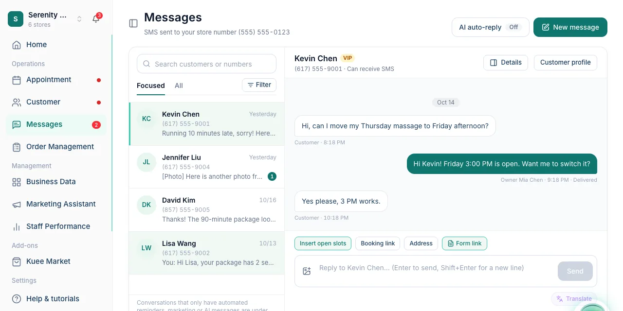 Messages with the Focused tab open, the conversation list on the left and a client conversation on the right