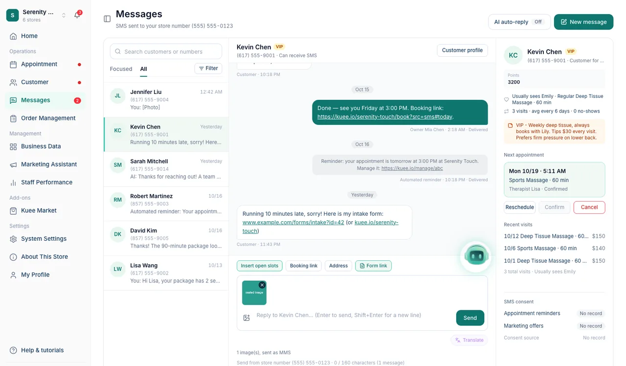 A conversation with clickable links, a photo ready to send and the quick buttons above the reply box