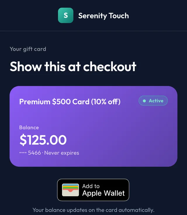 The client gift card page with the balance and the Add to Apple Wallet button