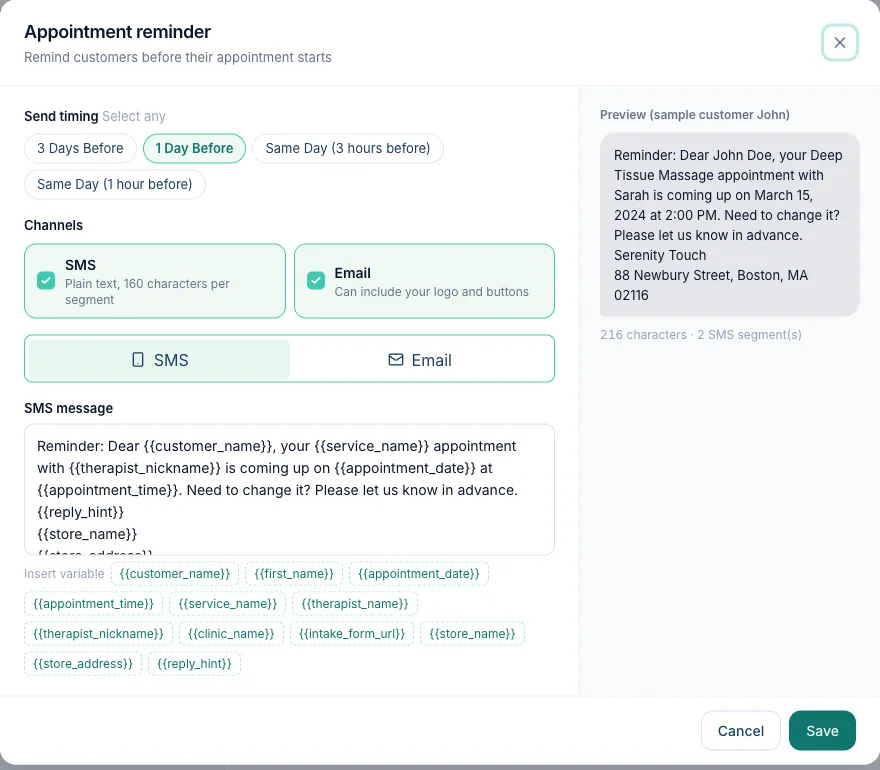 Editing the Appointment reminder text and send times