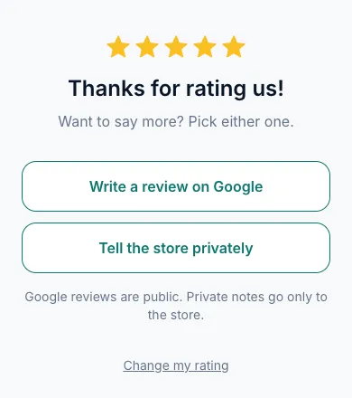 The review page after rating, with Write a review on Google and Tell the store privately
