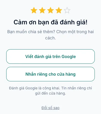 Trang sau khi chấm sao, với Viết đánh giá trên Google và Nhắn riêng cho cửa hàng