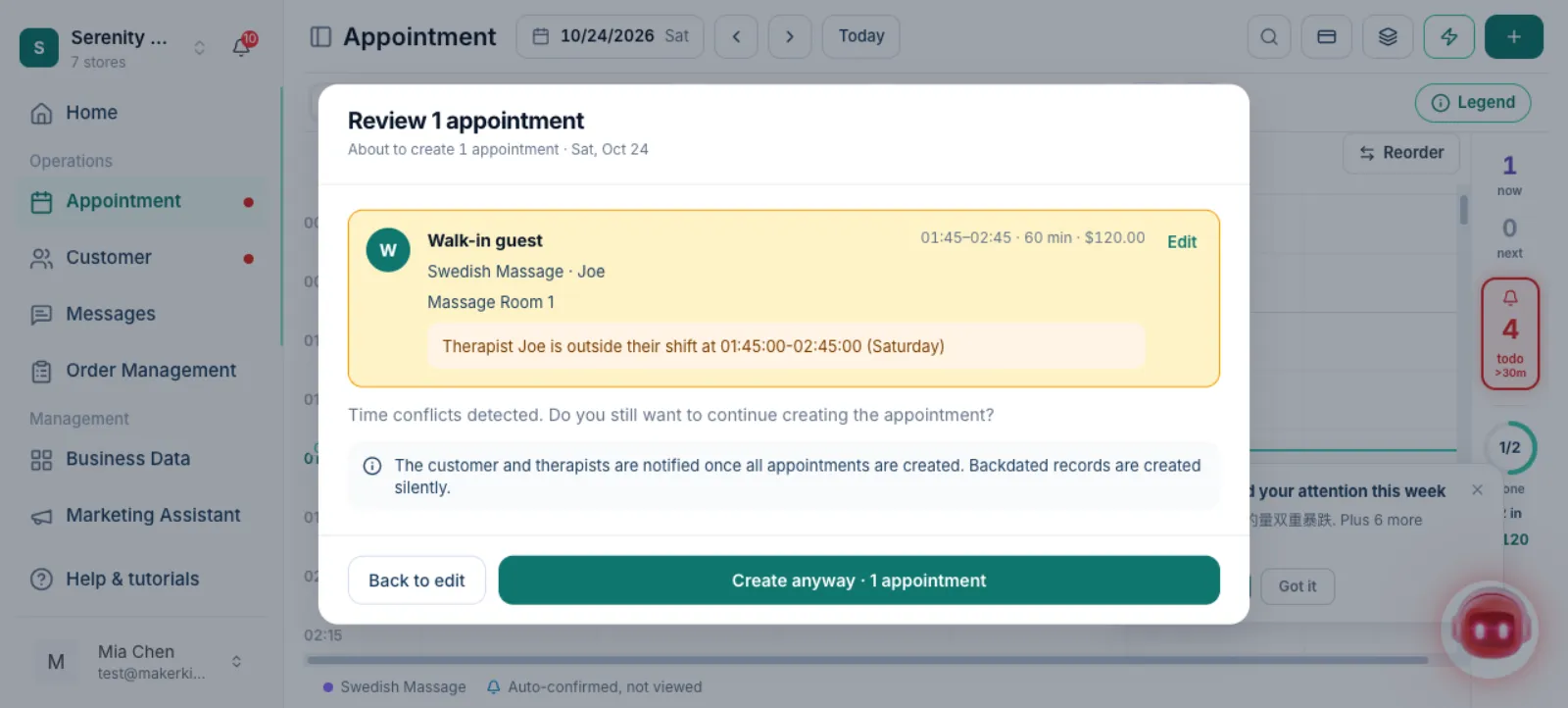 Review showing the therapist is outside their shift, with Create anyway