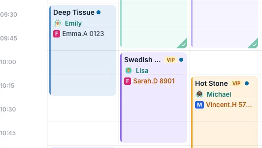 Calendar cards with a pink F or blue M before each client's name