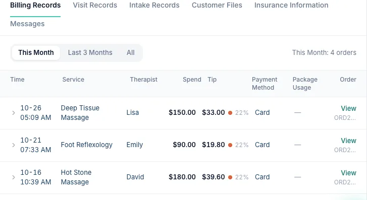 Billing Records with separate Spend and Tip columns, each tip with a colored dot and its percentage